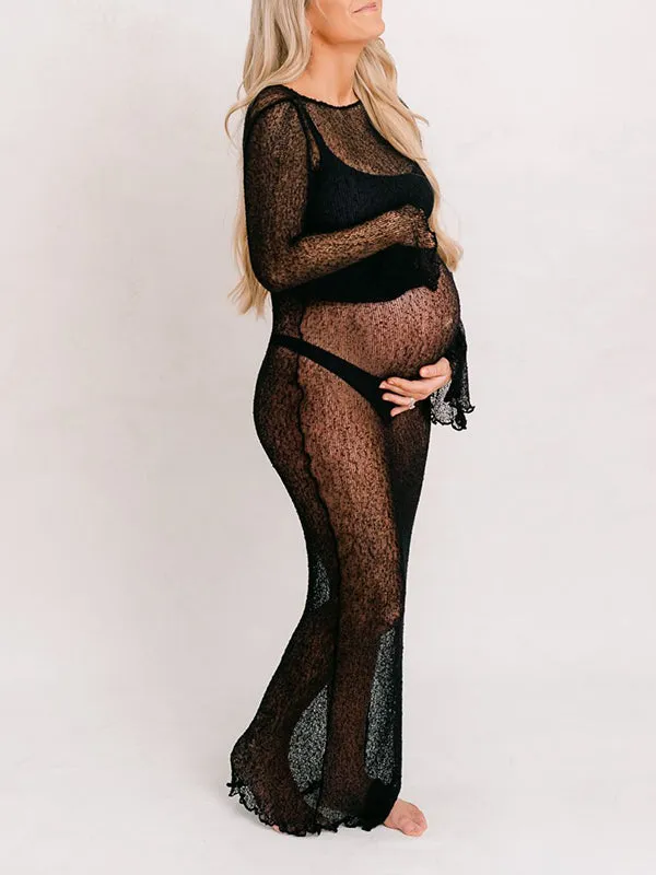 Momnfancy Black Knitting Sheer Backless Photoshoot Maternity Maxi Dress