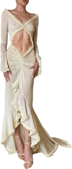NUFIWI Women Sexy Mesh Sheer Gown Maxi Dress Frill Hem See Through Cutout Bodycon Long Dress Cover Up Beach Sundress