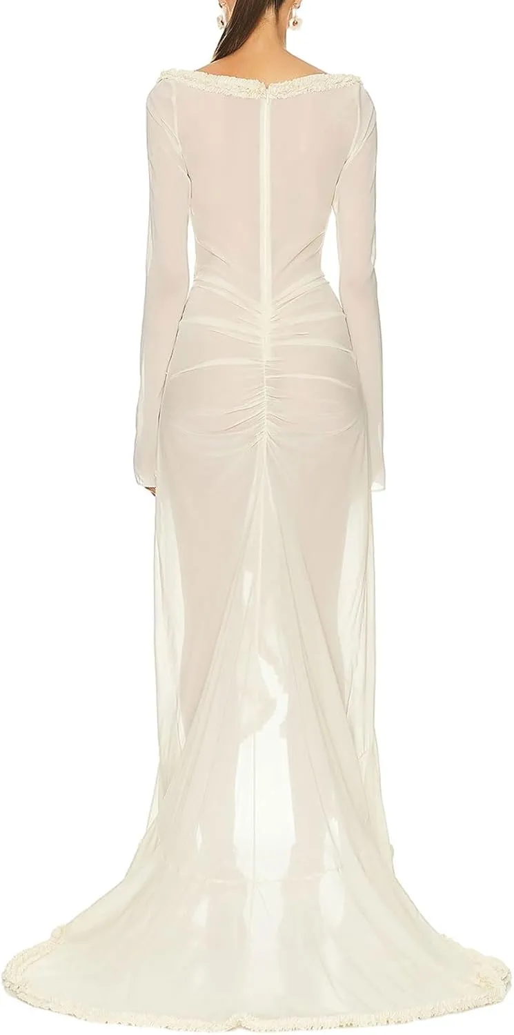 NUFIWI Women Sexy Mesh Sheer Gown Maxi Dress Frill Hem See Through Cutout Bodycon Long Dress Cover Up Beach Sundress