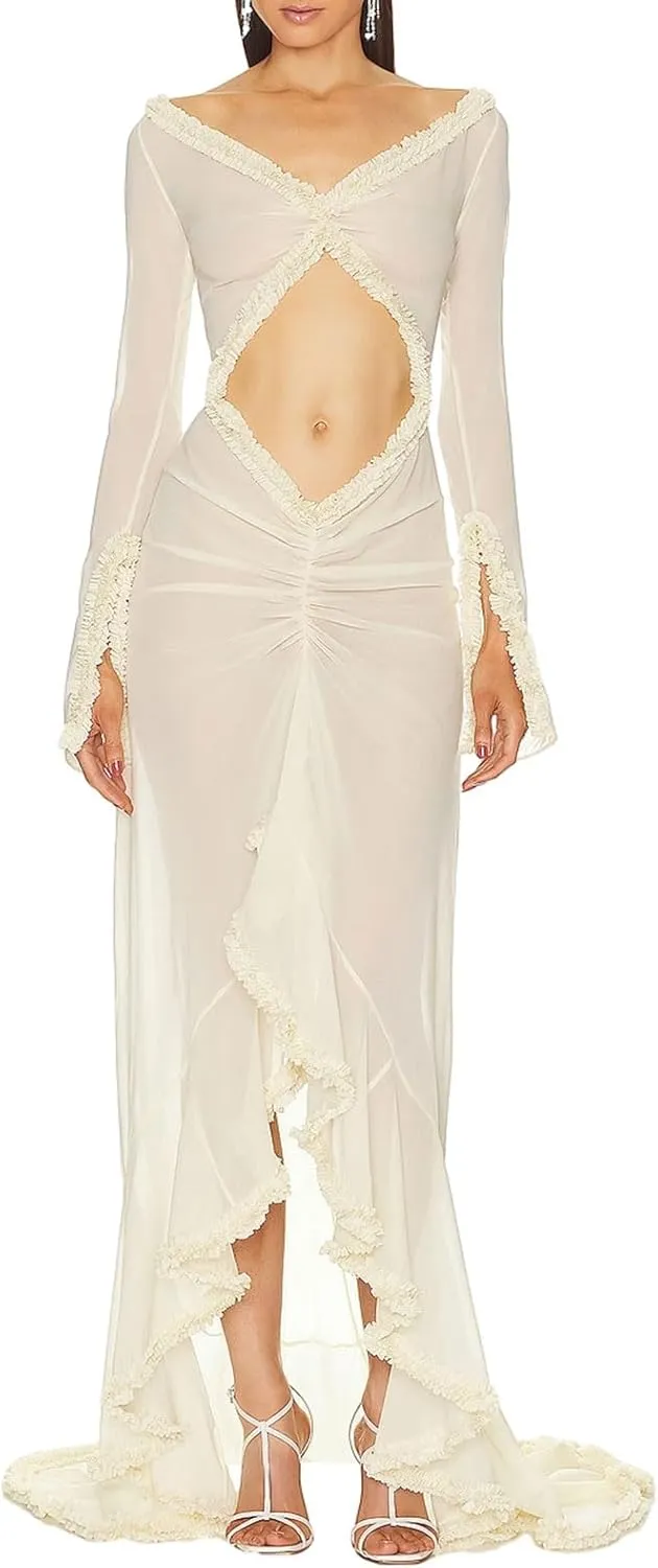 NUFIWI Women Sexy Mesh Sheer Gown Maxi Dress Frill Hem See Through Cutout Bodycon Long Dress Cover Up Beach Sundress