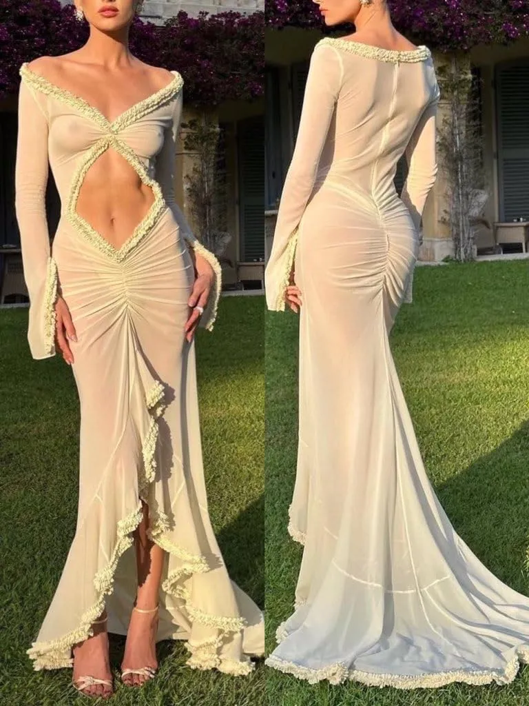 NUFIWI Women Sexy Mesh Sheer Gown Maxi Dress Frill Hem See Through Cutout Bodycon Long Dress Cover Up Beach Sundress