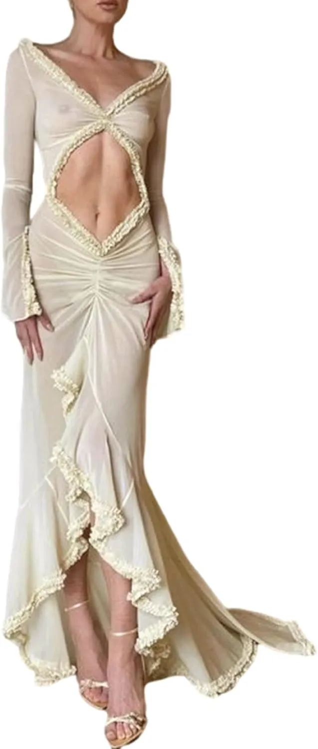 NUFIWI Women Sexy Mesh Sheer Gown Maxi Dress Frill Hem See Through Cutout Bodycon Long Dress Cover Up Beach Sundress