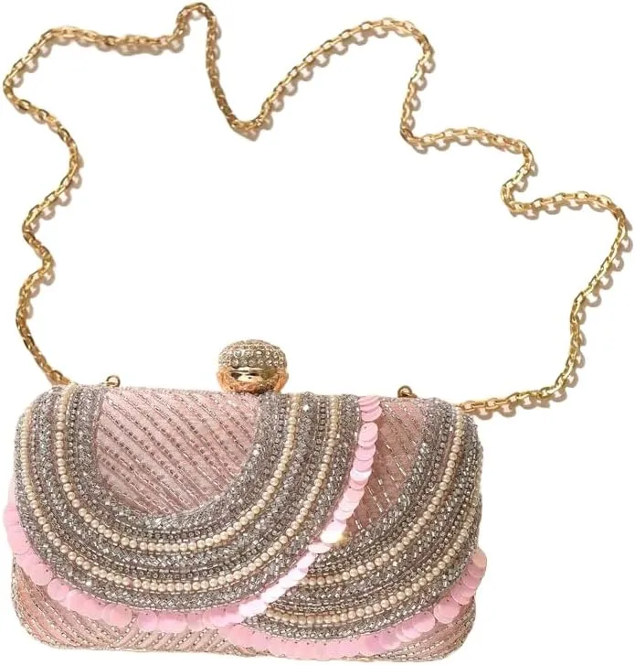Pink Bead Embroidered Silk Clutch - Hand Embroidered Silk Handbag Clutch Purse - Evening Handbag