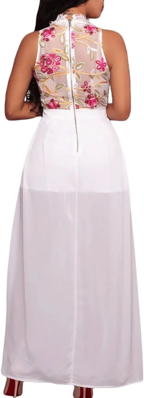 RED DOT BOUTIQUE 858 - Plus Size Sheer Mesh Embroidery Chiffon Hi Low Maxi Dress