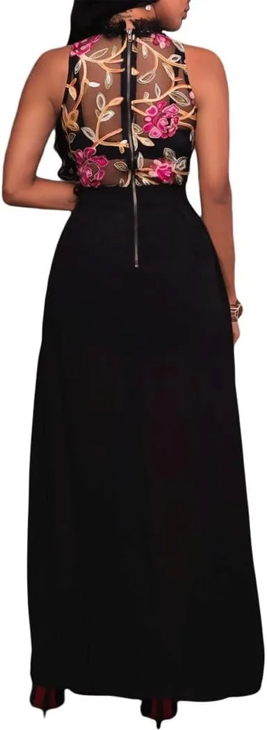 RED DOT BOUTIQUE 858 - Plus Size Sheer Mesh Embroidery Chiffon Hi Low Maxi Dress