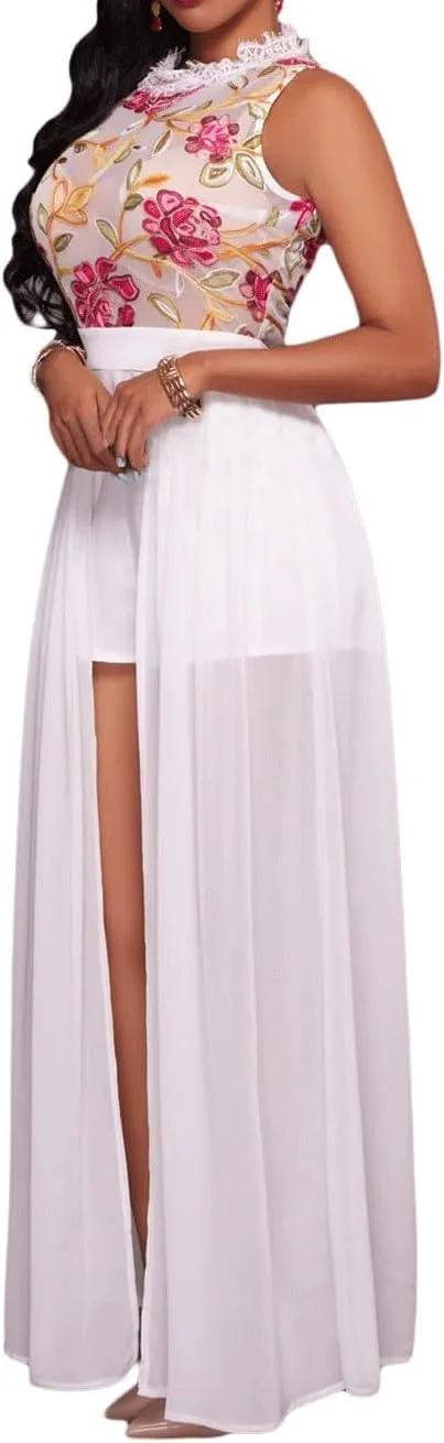 RED DOT BOUTIQUE 858 - Plus Size Sheer Mesh Embroidery Chiffon Hi Low Maxi Dress
