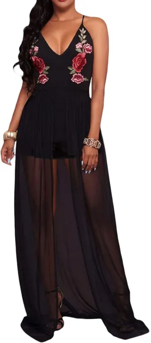 RED DOT BOUTIQUE 858 - Plus Size Sheer Mesh Embroidery Chiffon Hi Low Maxi Dress
