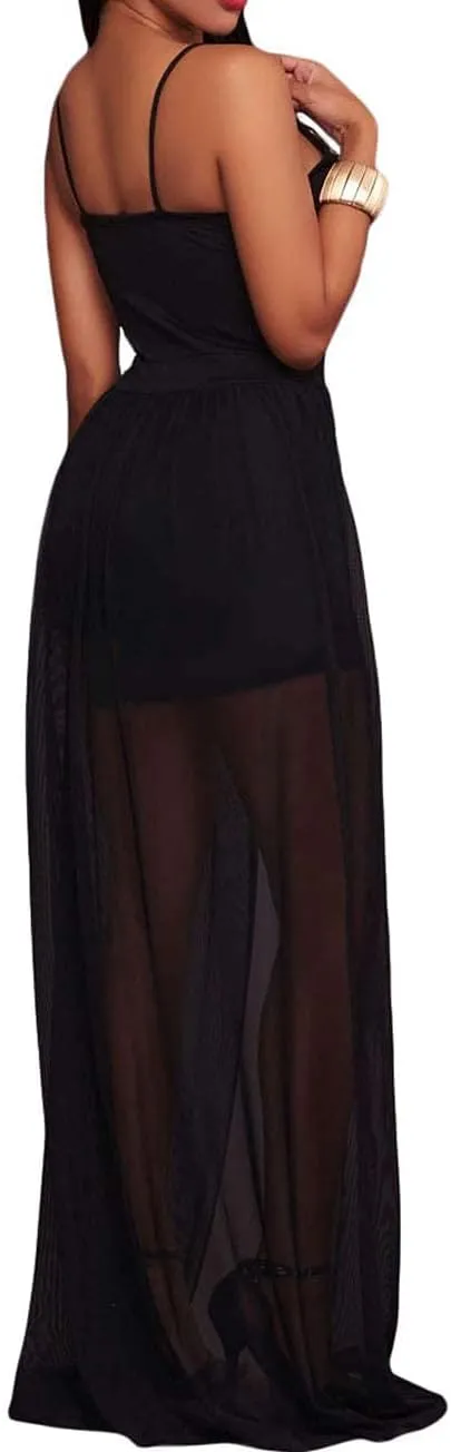 RED DOT BOUTIQUE 858 - Plus Size Sheer Mesh Embroidery Chiffon Hi Low Maxi Dress