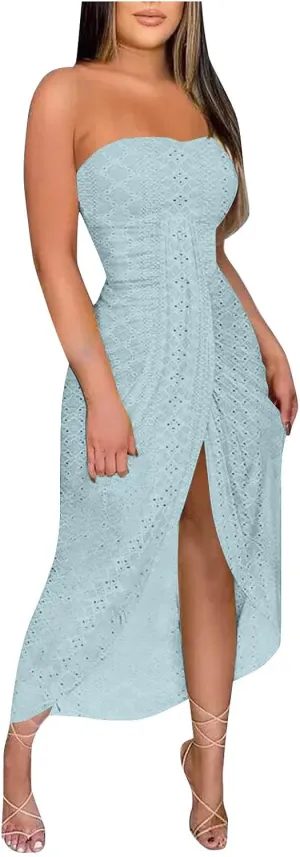 Sexy Dresses for Women Trendy Strapless Wrap Slit Eyelet Dress Fashion High Waist Ruched Bodycon Cocktail Party Dress