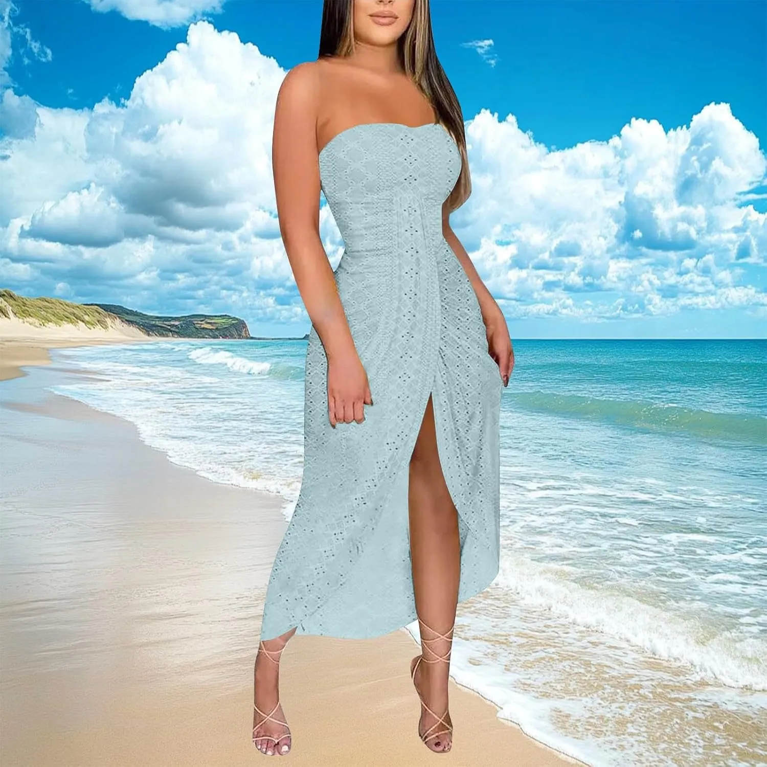 Sexy Dresses for Women Trendy Strapless Wrap Slit Eyelet Dress Fashion High Waist Ruched Bodycon Cocktail Party Dress