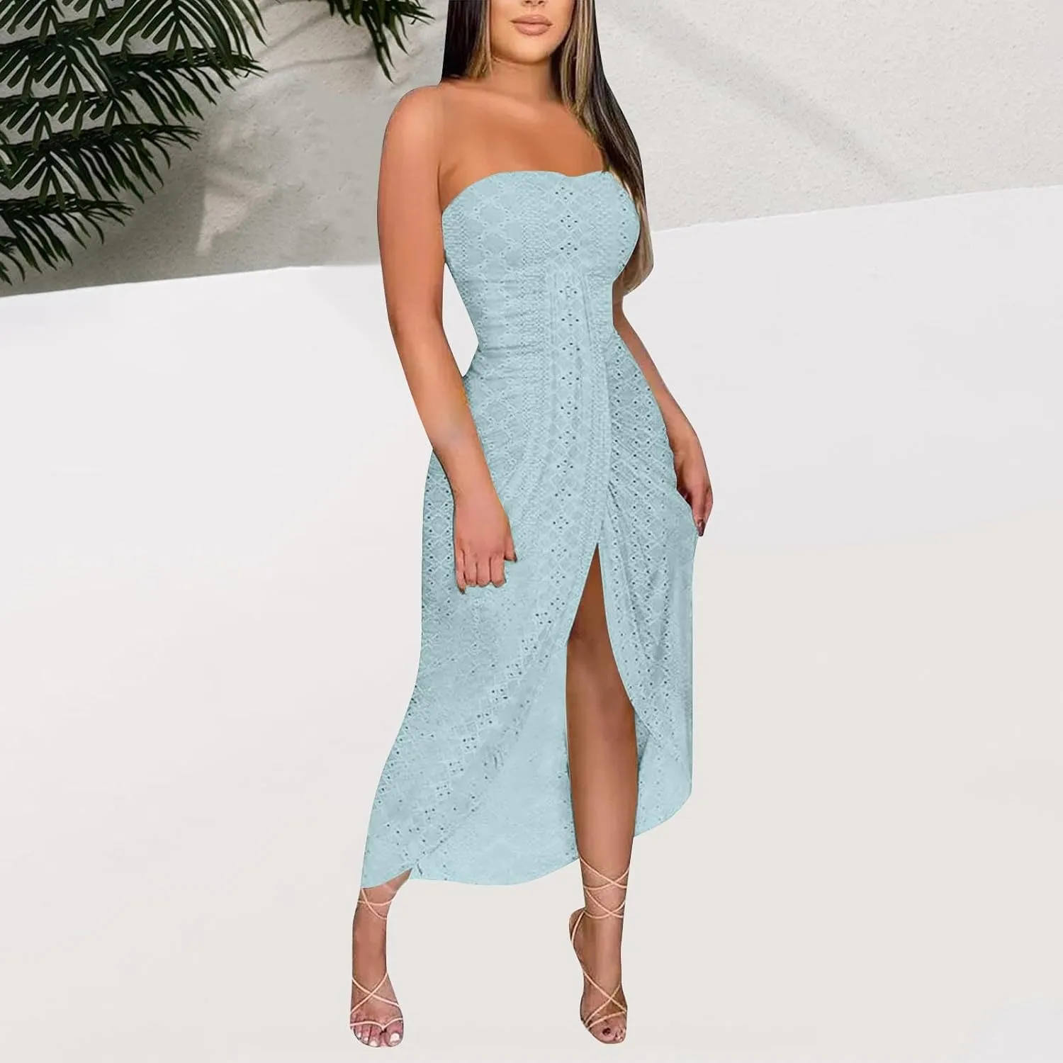 Sexy Dresses for Women Trendy Strapless Wrap Slit Eyelet Dress Fashion High Waist Ruched Bodycon Cocktail Party Dress