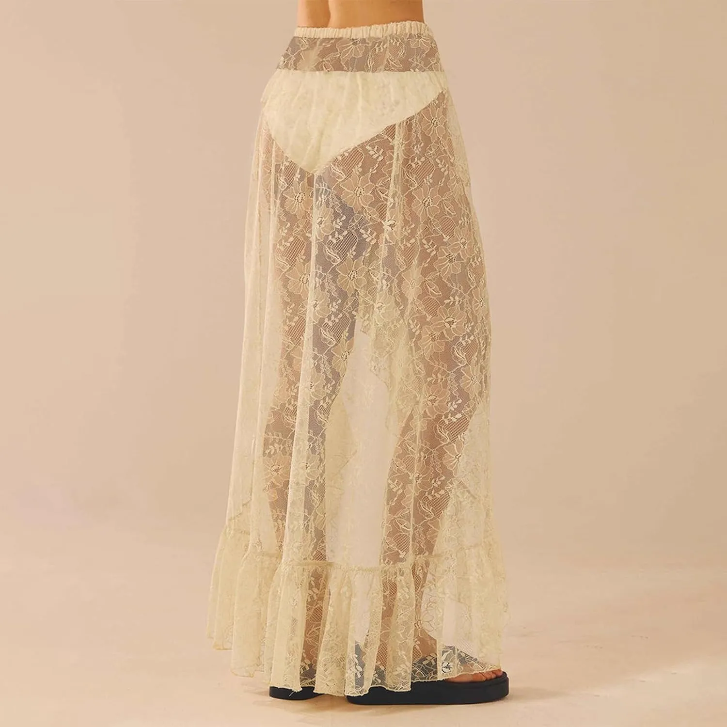 Sexy Sheer Lace Long Skirts for Women Vintage Floral High Waisted Ruffle Asymmetrical Hem A Line Flowy Maxi Skirt
