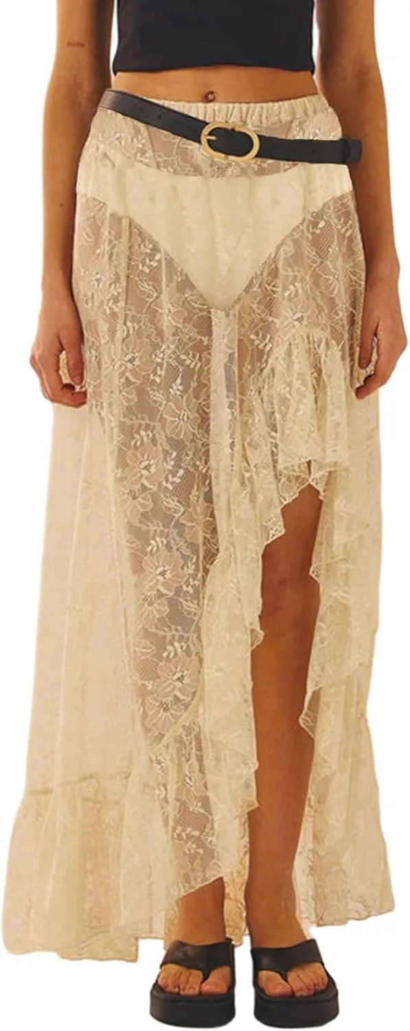 Sexy Sheer Lace Long Skirts for Women Vintage Floral High Waisted Ruffle Asymmetrical Hem A Line Flowy Maxi Skirt