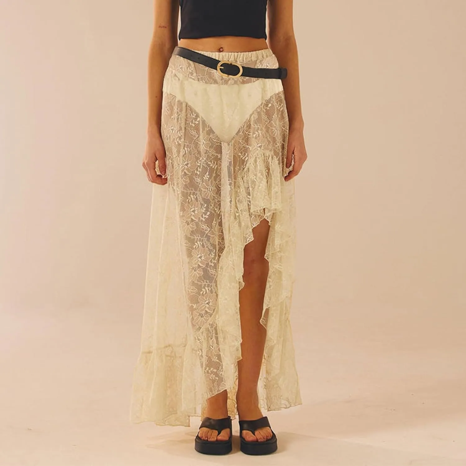 Sexy Sheer Lace Long Skirts for Women Vintage Floral High Waisted Ruffle Asymmetrical Hem A Line Flowy Maxi Skirt