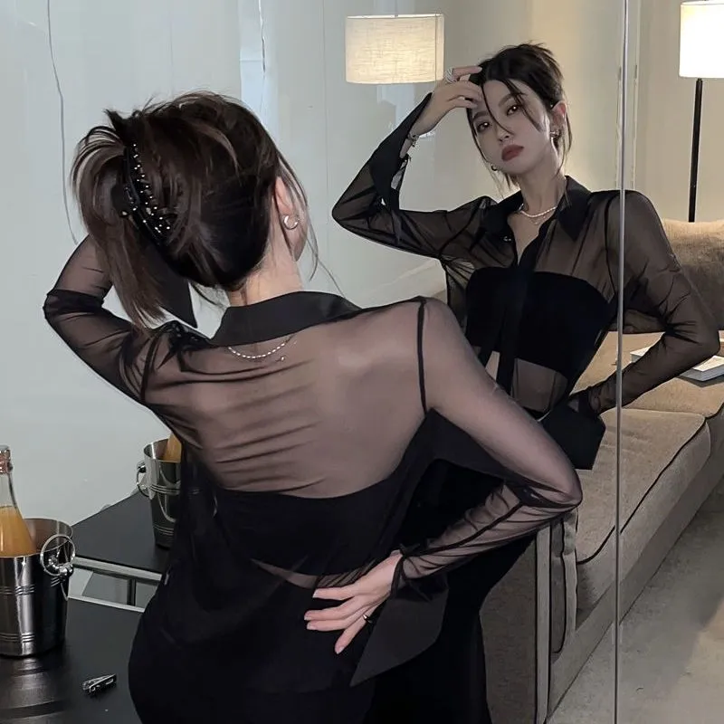 Elegant Sheer Chiffon Blouse with Classic Collar – Perfect for Any Occasion