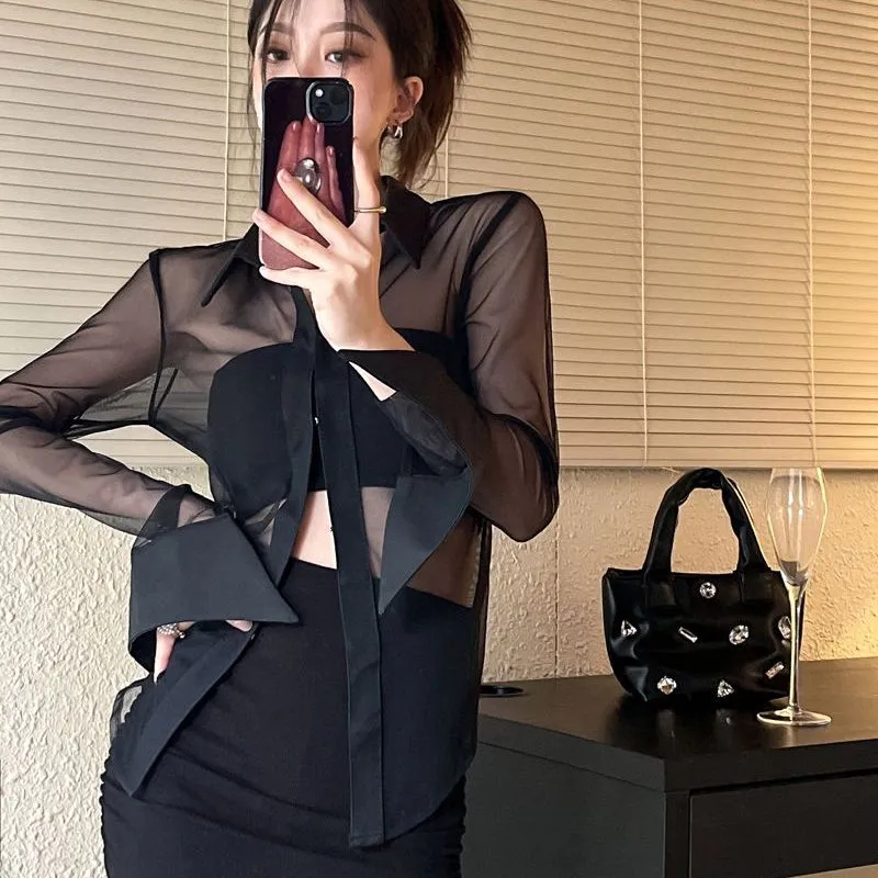 Elegant Sheer Chiffon Blouse with Classic Collar – Perfect for Any Occasion