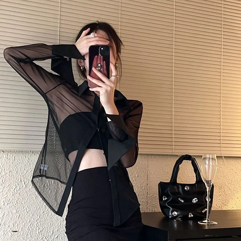 Elegant Sheer Chiffon Blouse with Classic Collar – Perfect for Any Occasion
