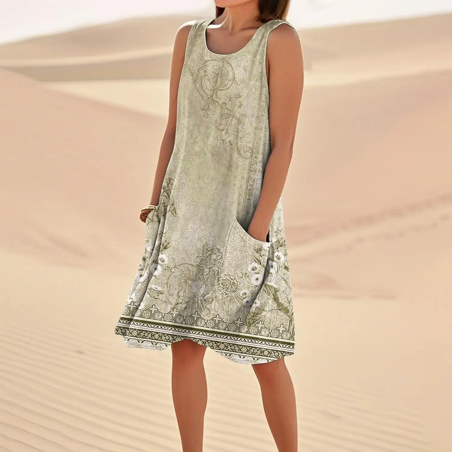 Summer Dresses for Women 2025 Sleeveless Cotton Linen Tank Dress Plus Size Floral Print Beach Sundress with Pockets