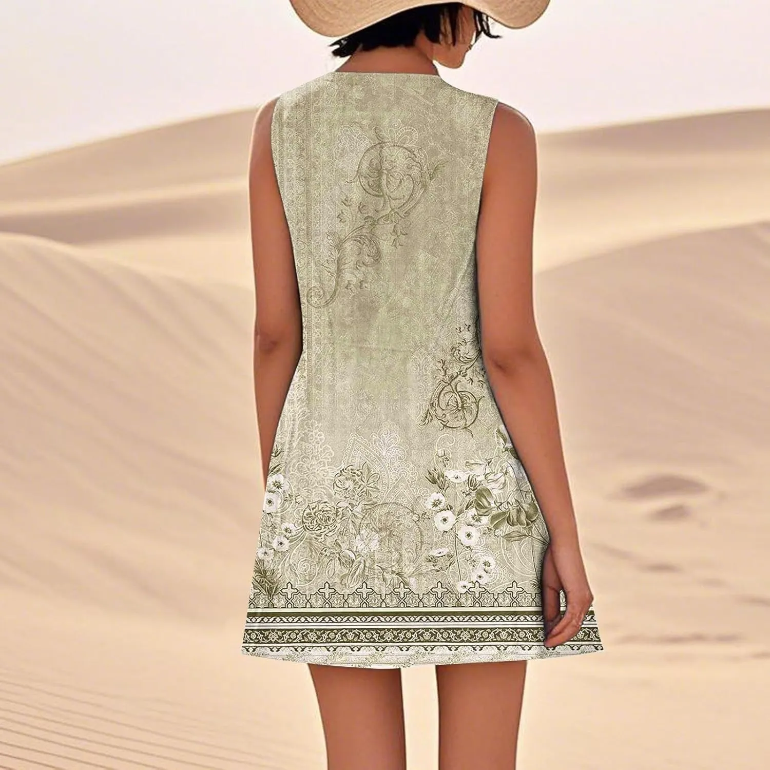 Summer Dresses for Women 2025 Sleeveless Cotton Linen Tank Dress Plus Size Floral Print Beach Sundress with Pockets