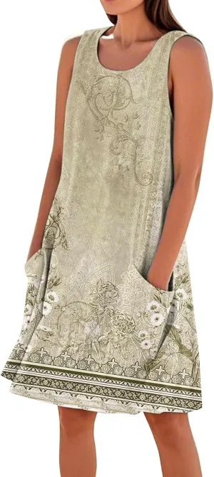 Summer Dresses for Women 2025 Sleeveless Cotton Linen Tank Dress Plus Size Floral Print Beach Sundress with Pockets