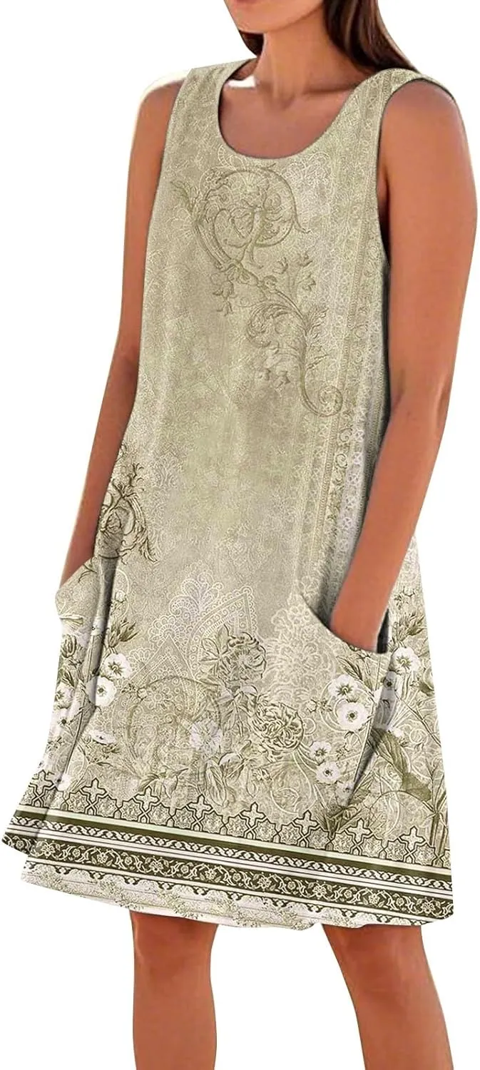 Summer Dresses for Women 2025 Sleeveless Cotton Linen Tank Dress Plus Size Floral Print Beach Sundress with Pockets