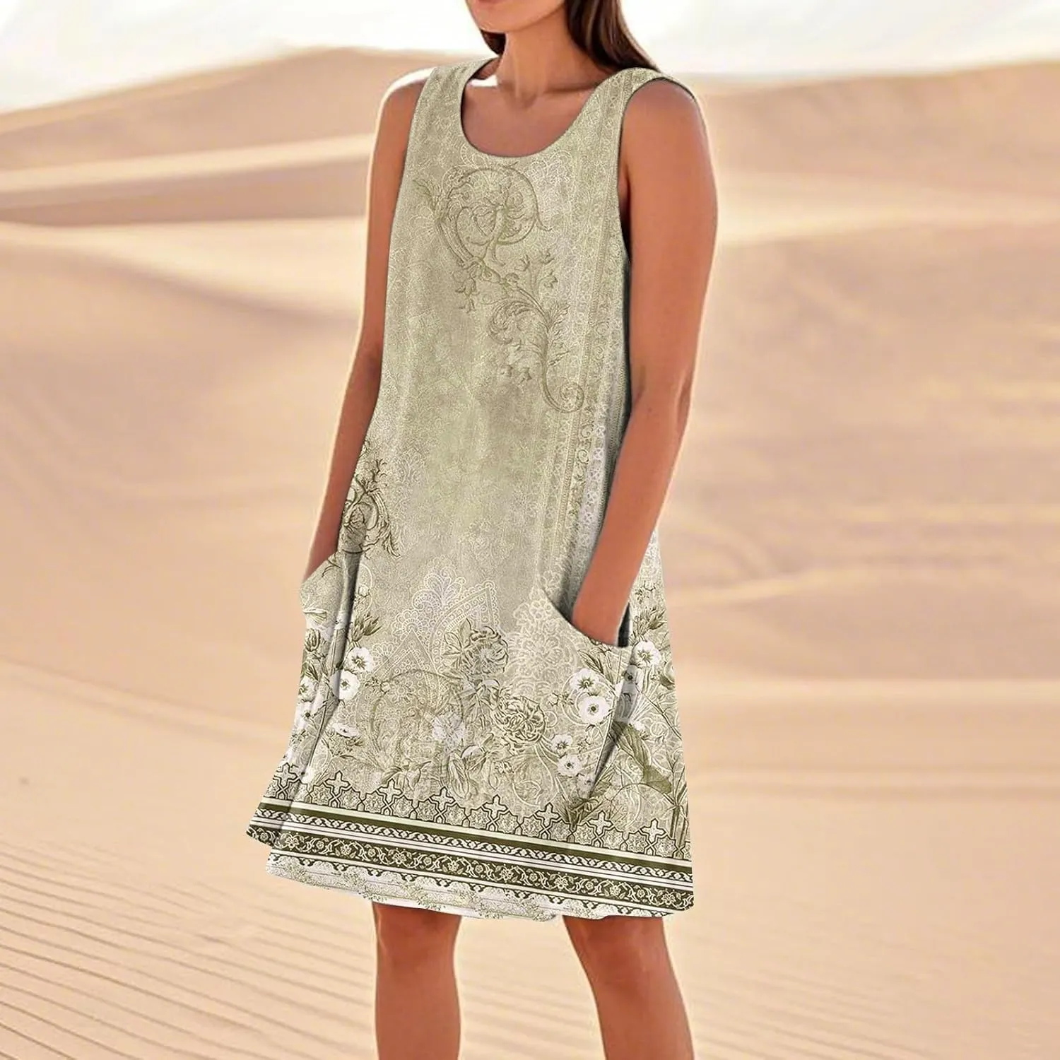 Summer Dresses for Women 2025 Sleeveless Cotton Linen Tank Dress Plus Size Floral Print Beach Sundress with Pockets