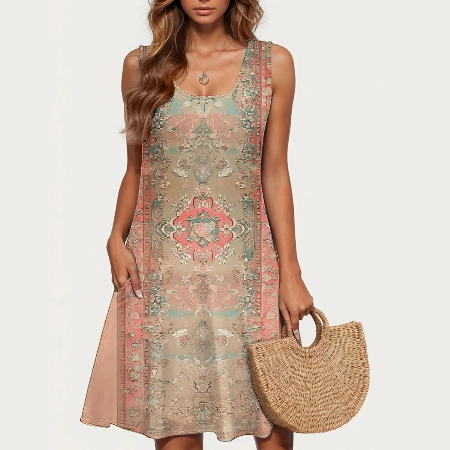 Summer Dresses for Women Sleeveless Floral Beach Dress V Neck Ruffle Dress Holiday Dresses for Women