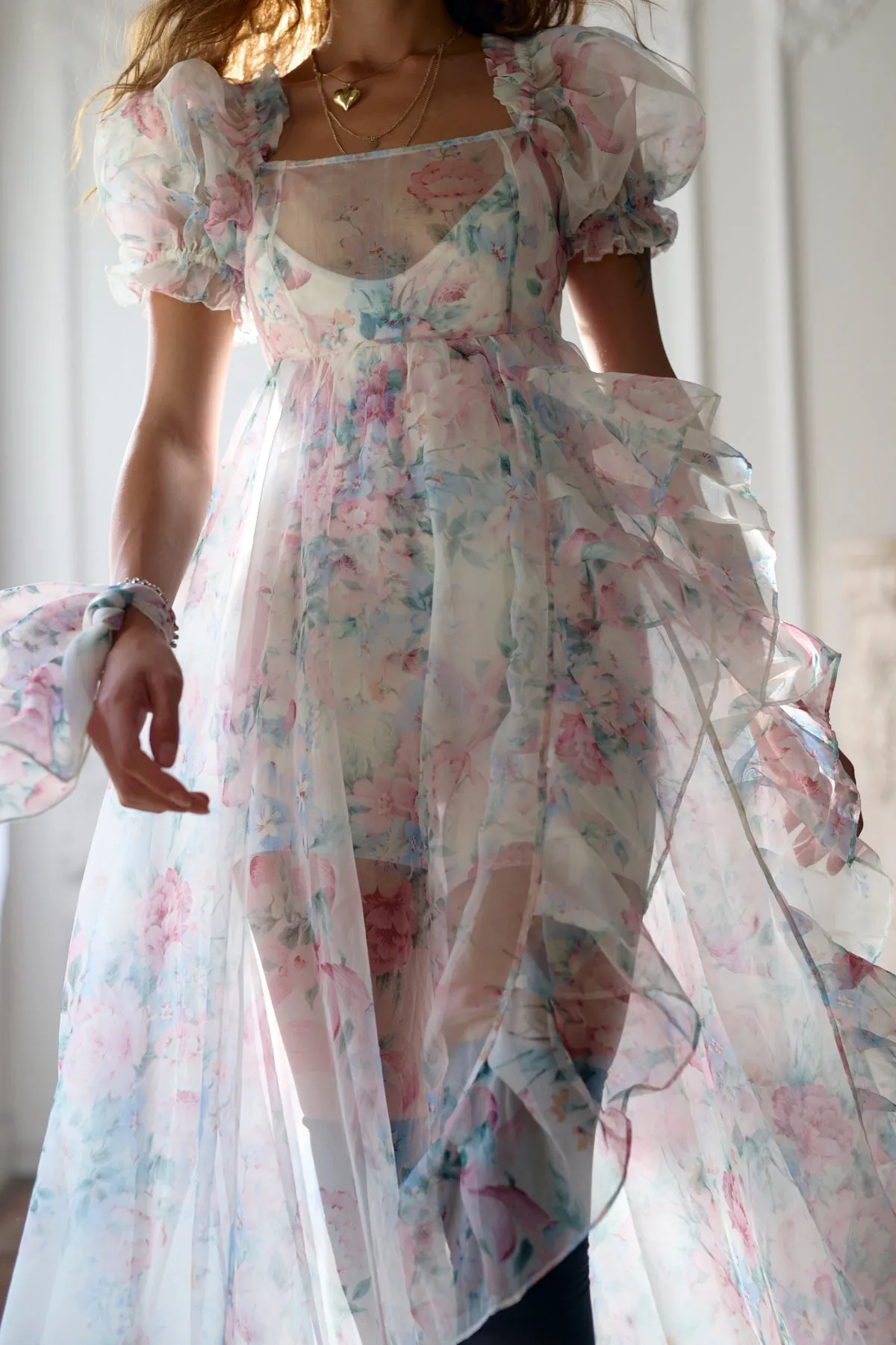 Elegant Cotswolds Sheer Delight Ruffle Gown with Flattering Design