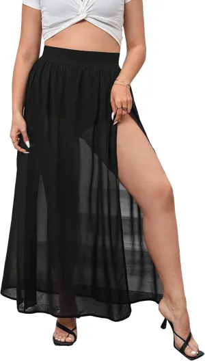 WDIRARA Women's Plus Size Elastic Waist Sheer Mesh Split Thigh Maxi Skirt
