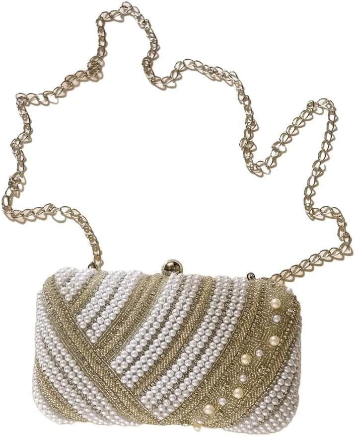 White Bead Embroidered Silk Clutch, Hand Embroidered Silk Handbag Clutch Purse, Evening Handbag