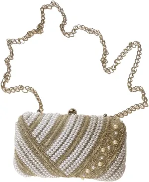 White Bead Embroidered Silk Clutch, Hand Embroidered Silk Handbag Clutch Purse, Evening Handbag