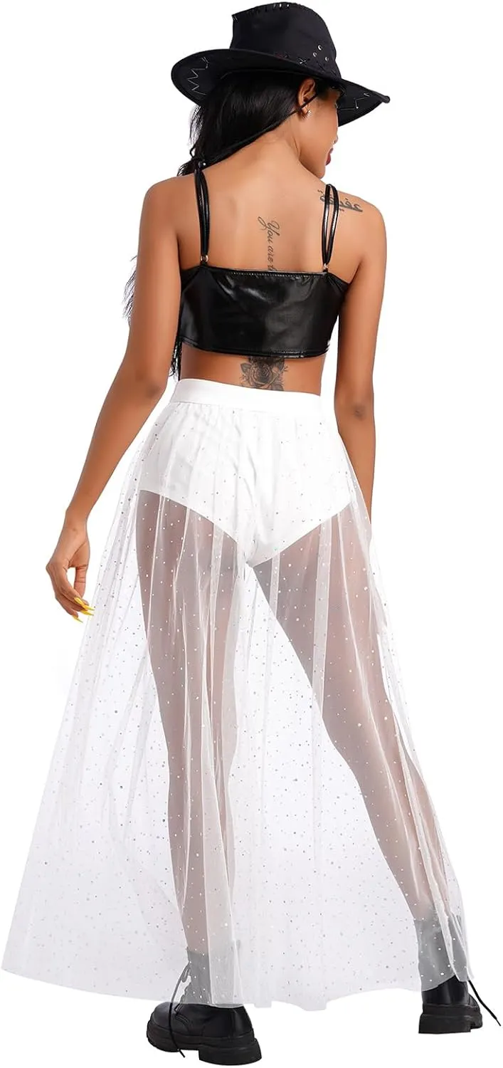 Women 2 in 1 Mesh Sheer Tulle Maxi Skirt Sparkle Galaxy Sequin Tulle Cover ups Festival Outfits Costume