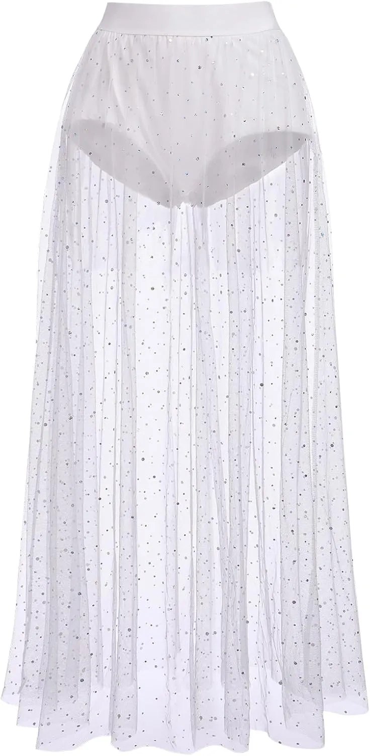 Women 2 in 1 Mesh Sheer Tulle Maxi Skirt Sparkle Galaxy Sequin Tulle Cover ups Festival Outfits Costume