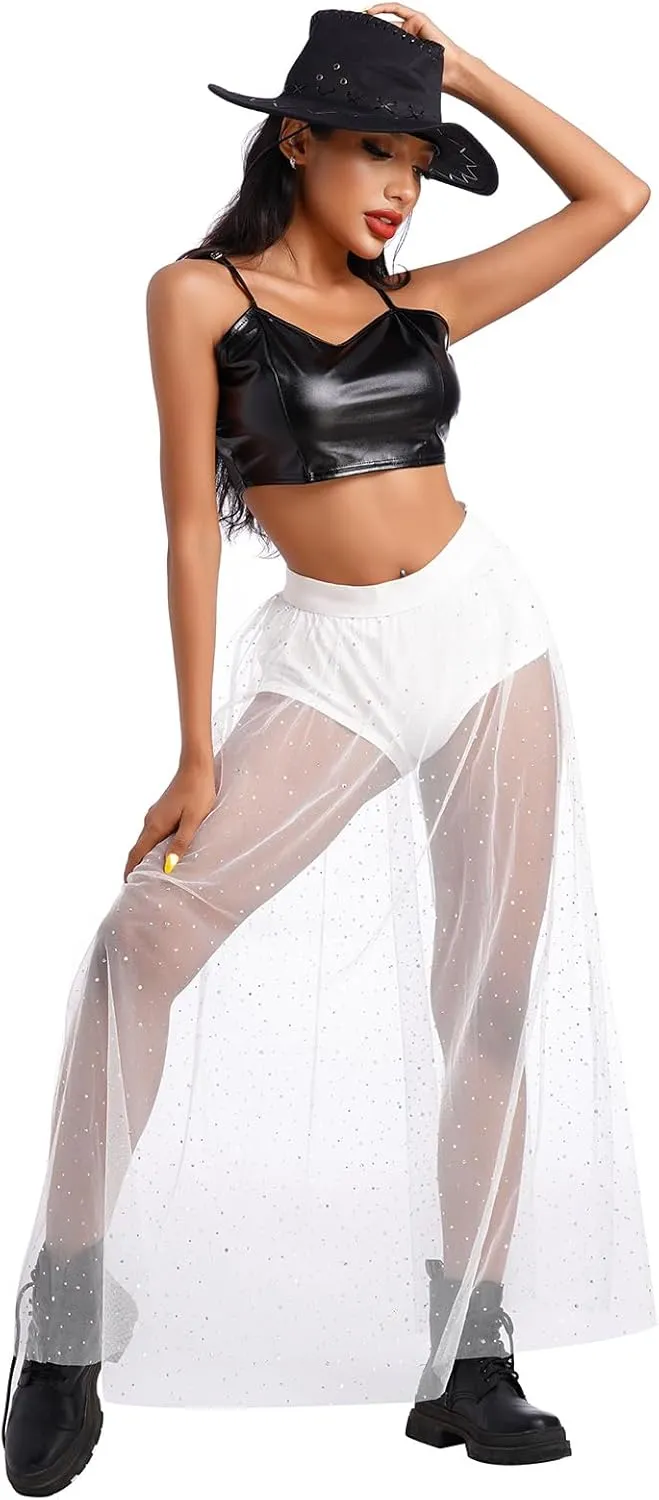 Women 2 in 1 Mesh Sheer Tulle Maxi Skirt Sparkle Galaxy Sequin Tulle Cover ups Festival Outfits Costume