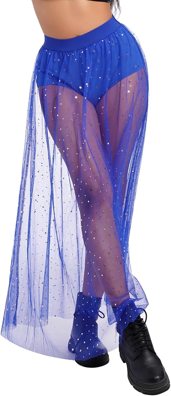 Women 2 in 1 Mesh Sheer Tulle Maxi Skirt Sparkle Galaxy Sequin Tulle Cover ups Festival Outfits Costume
