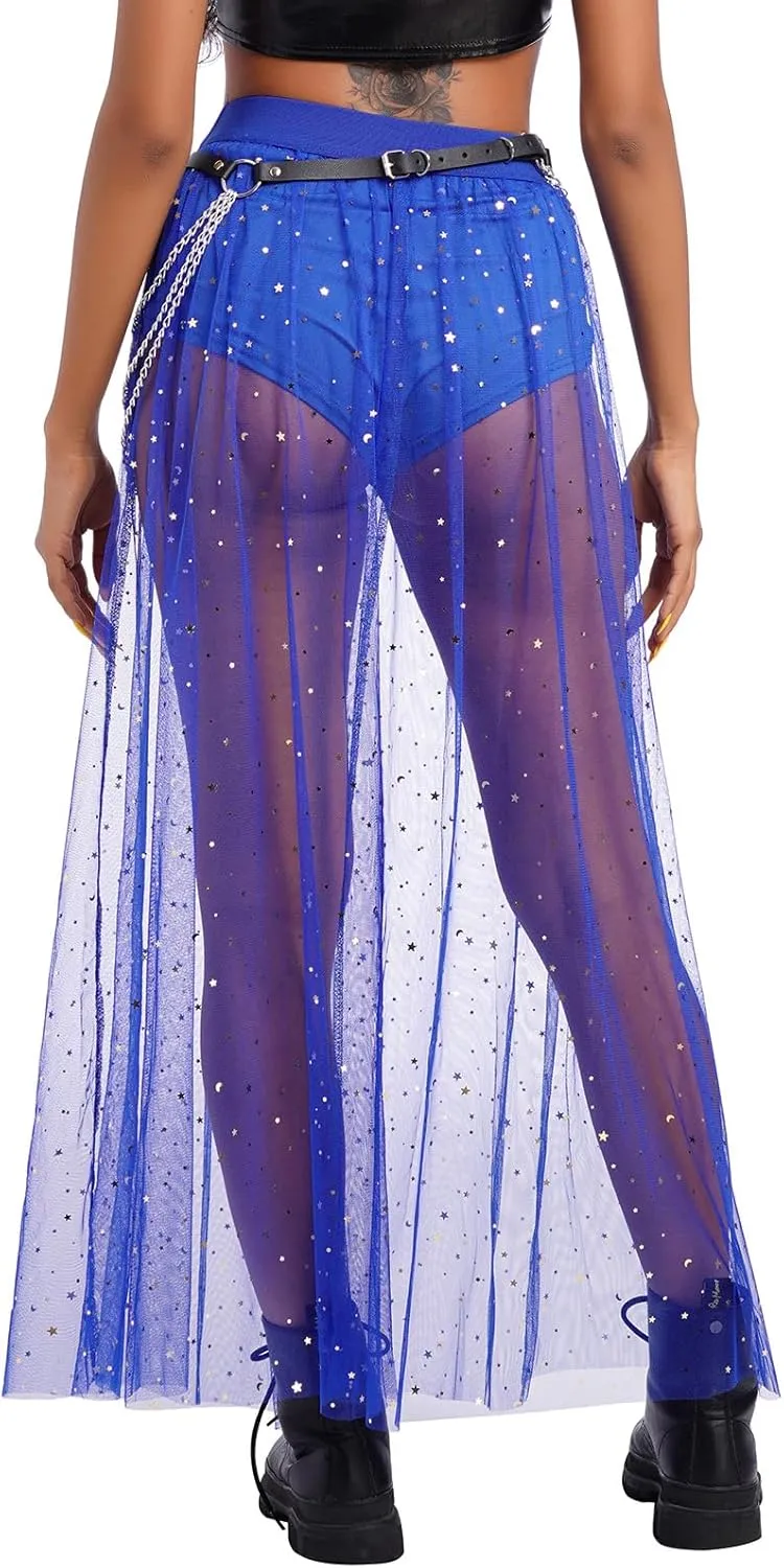 Women 2 in 1 Mesh Sheer Tulle Maxi Skirt Sparkle Galaxy Sequin Tulle Cover ups Festival Outfits Costume