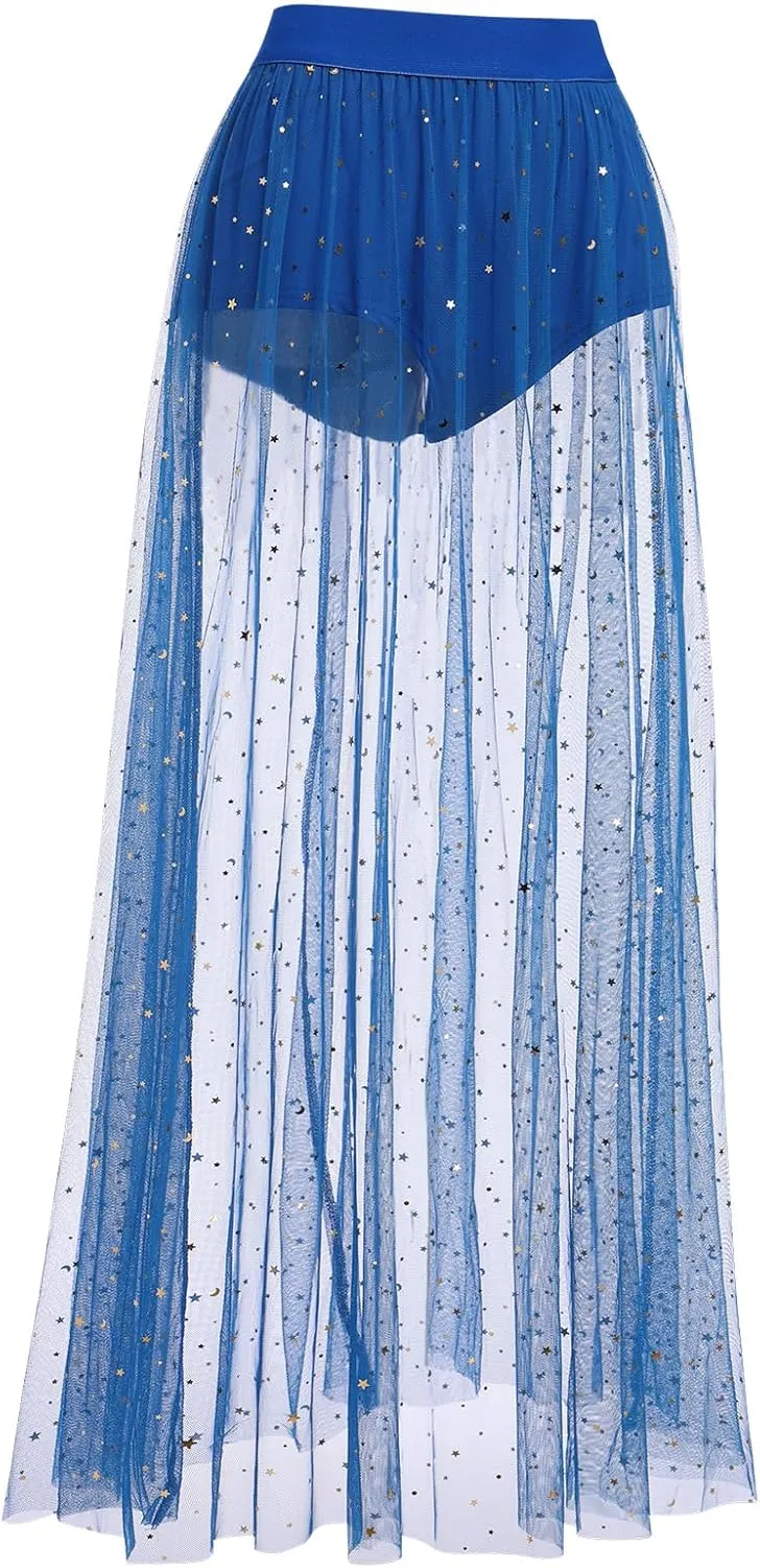 Women 2 in 1 Mesh Sheer Tulle Maxi Skirt Sparkle Galaxy Sequin Tulle Cover ups Festival Outfits Costume
