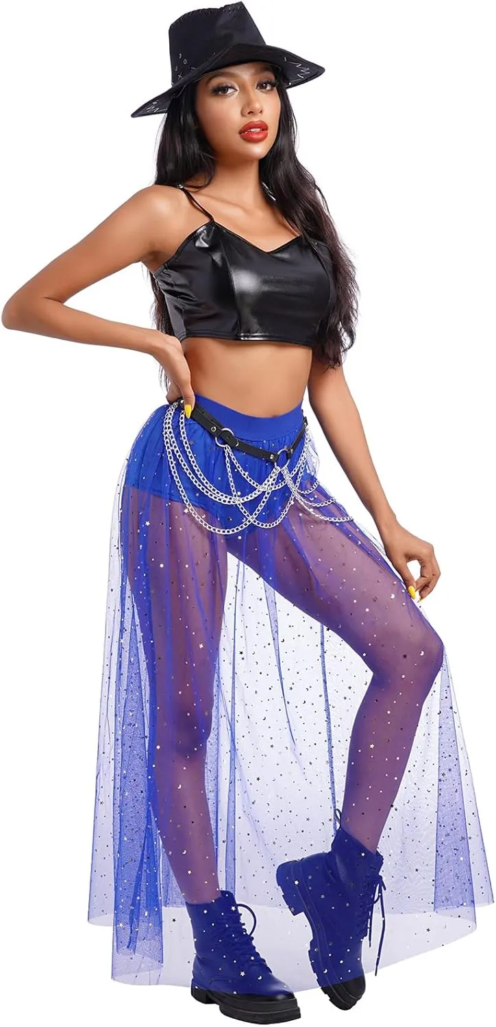 Women 2 in 1 Mesh Sheer Tulle Maxi Skirt Sparkle Galaxy Sequin Tulle Cover ups Festival Outfits Costume