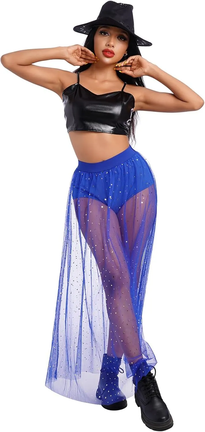 Women 2 in 1 Mesh Sheer Tulle Maxi Skirt Sparkle Galaxy Sequin Tulle Cover ups Festival Outfits Costume