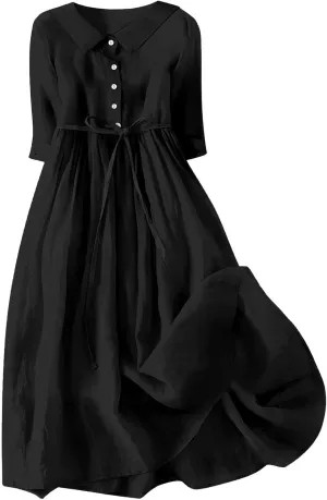 Women Cotton Linen Dresses 3/4 Sleeve Pleated Plain Maxi Long Dress Classic Dresses Trendy Boho Dresses with Belt
