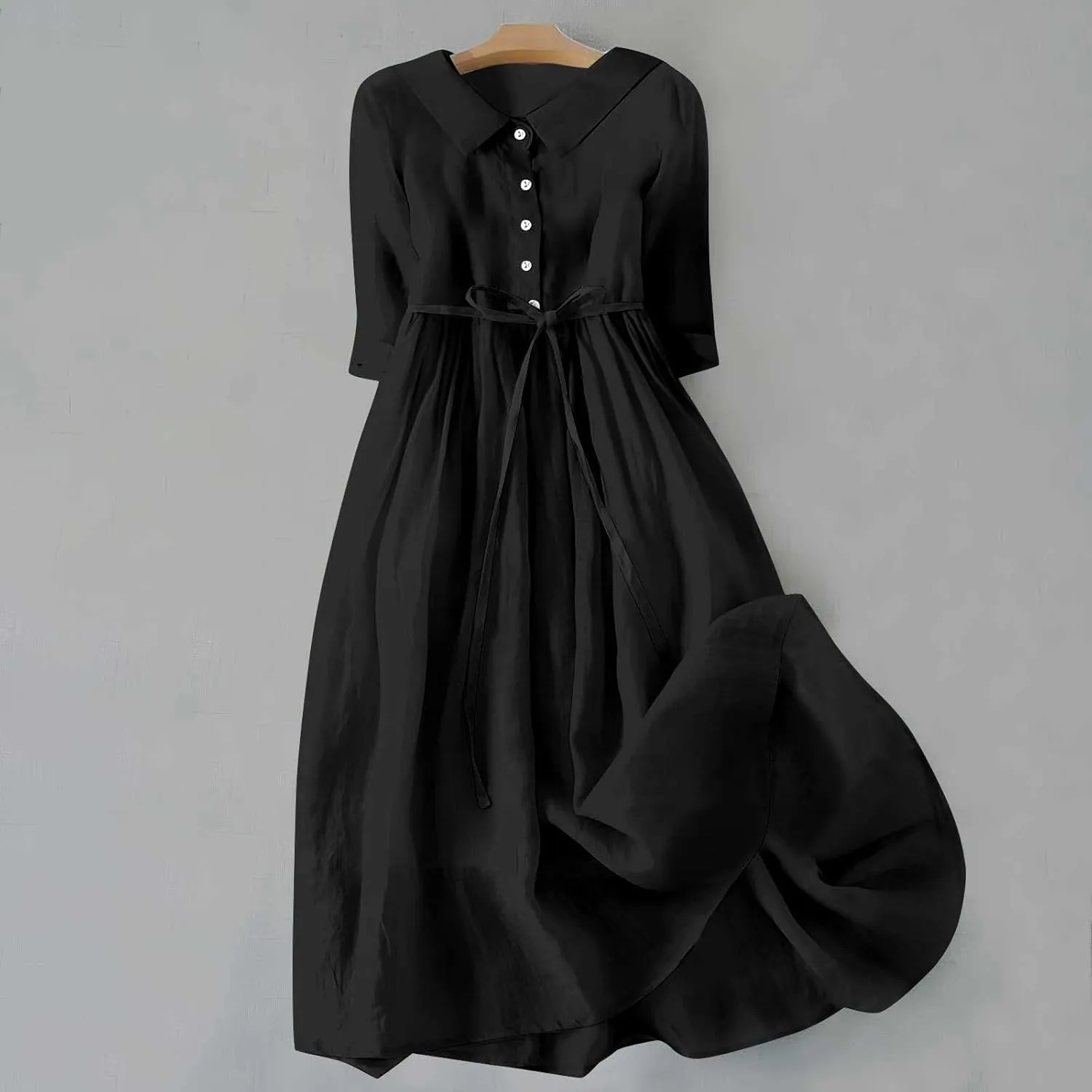 Women Cotton Linen Dresses 3/4 Sleeve Pleated Plain Maxi Long Dress Classic Dresses Trendy Boho Dresses with Belt