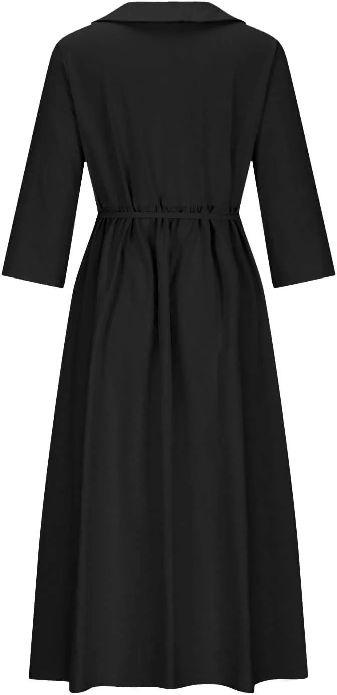 Women Cotton Linen Dresses 3/4 Sleeve Pleated Plain Maxi Long Dress Classic Dresses Trendy Boho Dresses with Belt