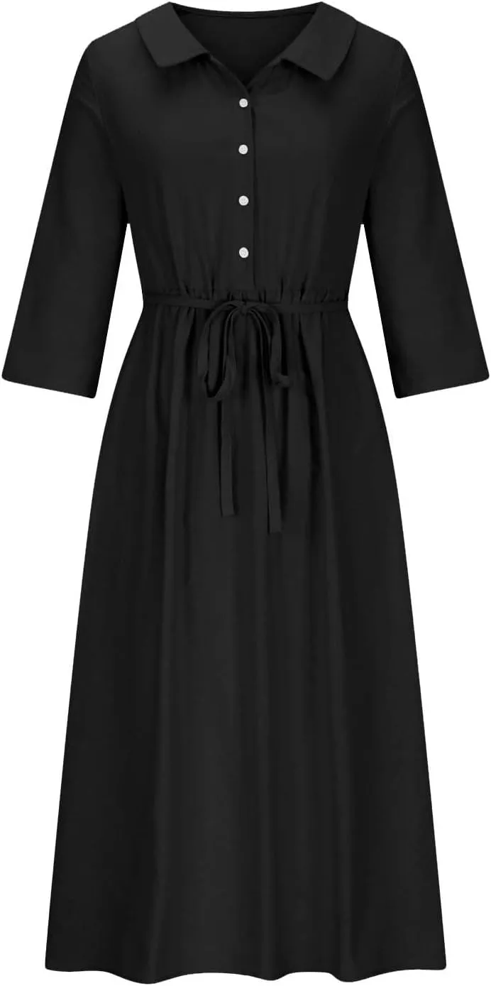 Women Cotton Linen Dresses 3/4 Sleeve Pleated Plain Maxi Long Dress Classic Dresses Trendy Boho Dresses with Belt