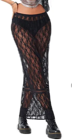 Women Lace Maxi Skirt Y2K Sexy Low Waist Sheer Mesh A-Line Long Skirt Slim Fit Floral Beach Cover Up Fairy Streatwear