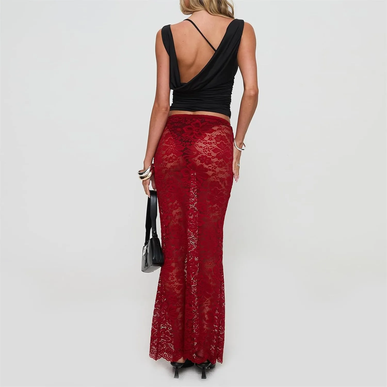 Women Lace Maxi Skirt Y2K Sexy Low Waist Sheer Mesh A-Line Long Skirt Slim Fit Floral Beach Cover Up Fairy Streatwear