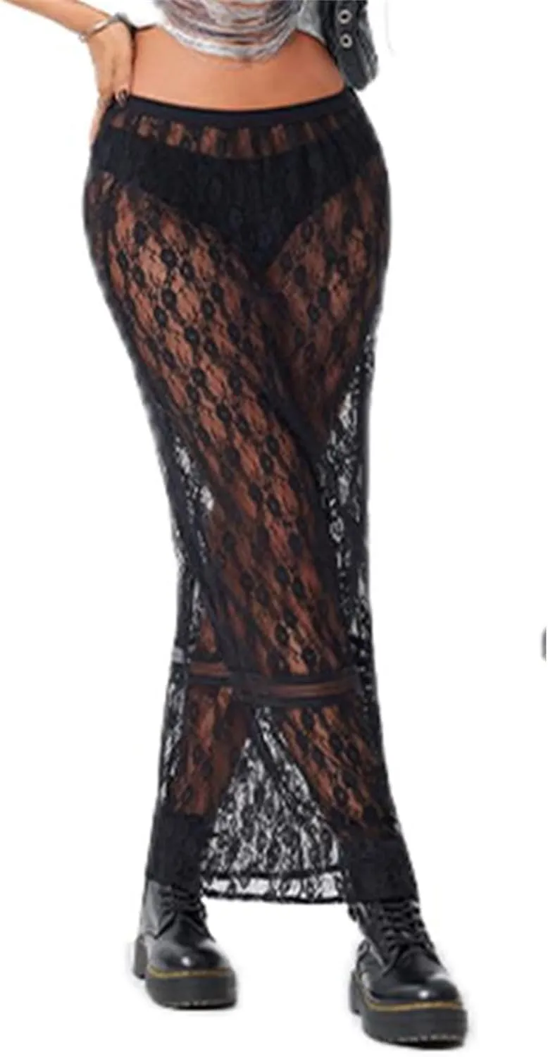 Women Lace Maxi Skirt Y2K Sexy Low Waist Sheer Mesh A-Line Long Skirt Slim Fit Floral Beach Cover Up Fairy Streatwear