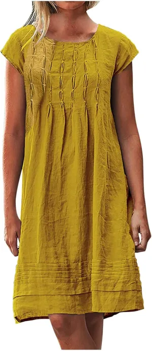 Women's Cotton Linen Dress Pleated Summer Dresses Round Neck Short Sleeve Sundress Beach Vacation Casual Mini Dress