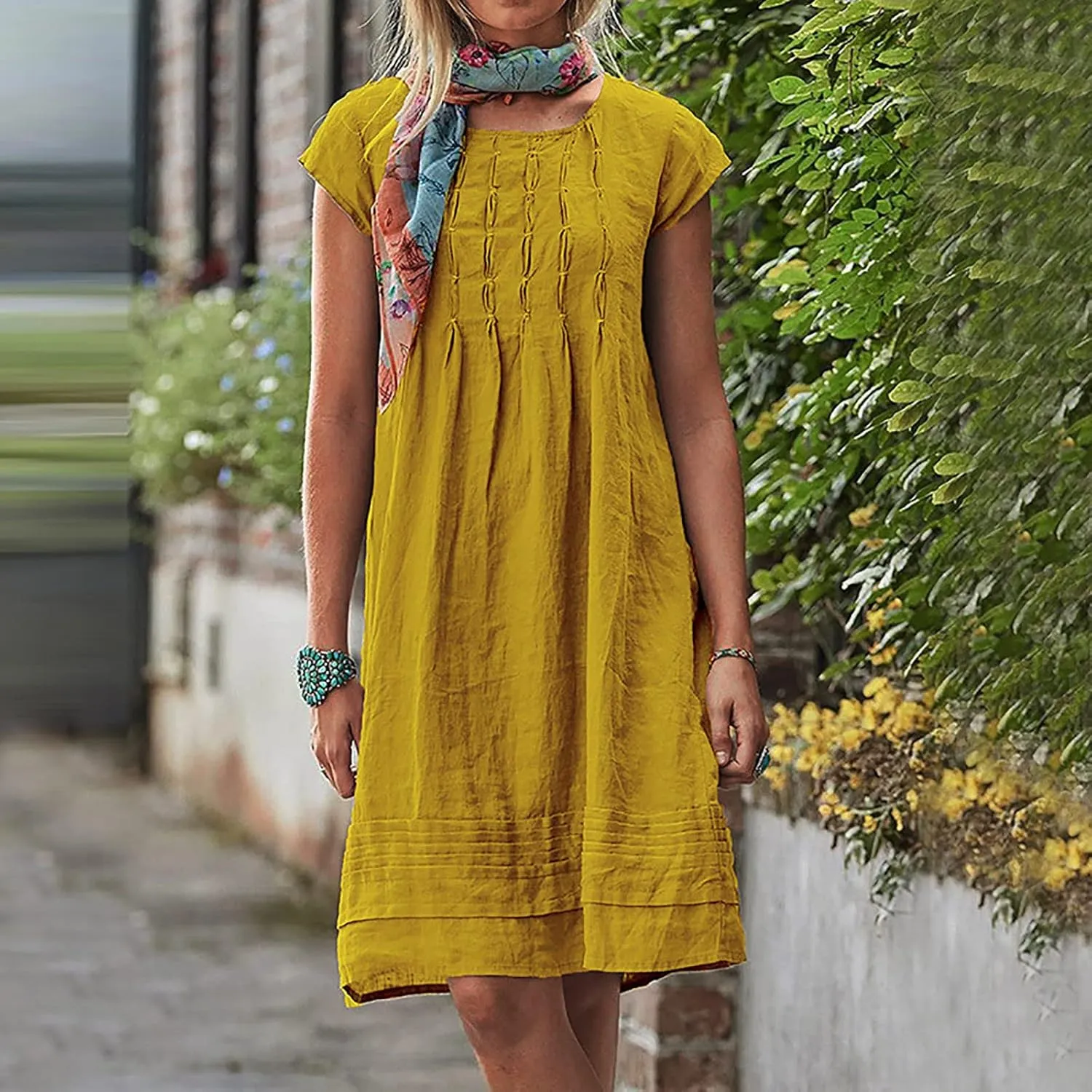 Women's Cotton Linen Dress Pleated Summer Dresses Round Neck Short Sleeve Sundress Beach Vacation Casual Mini Dress