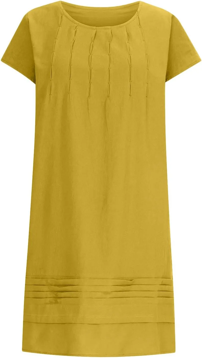 Women's Cotton Linen Dress Pleated Summer Dresses Round Neck Short Sleeve Sundress Beach Vacation Casual Mini Dress