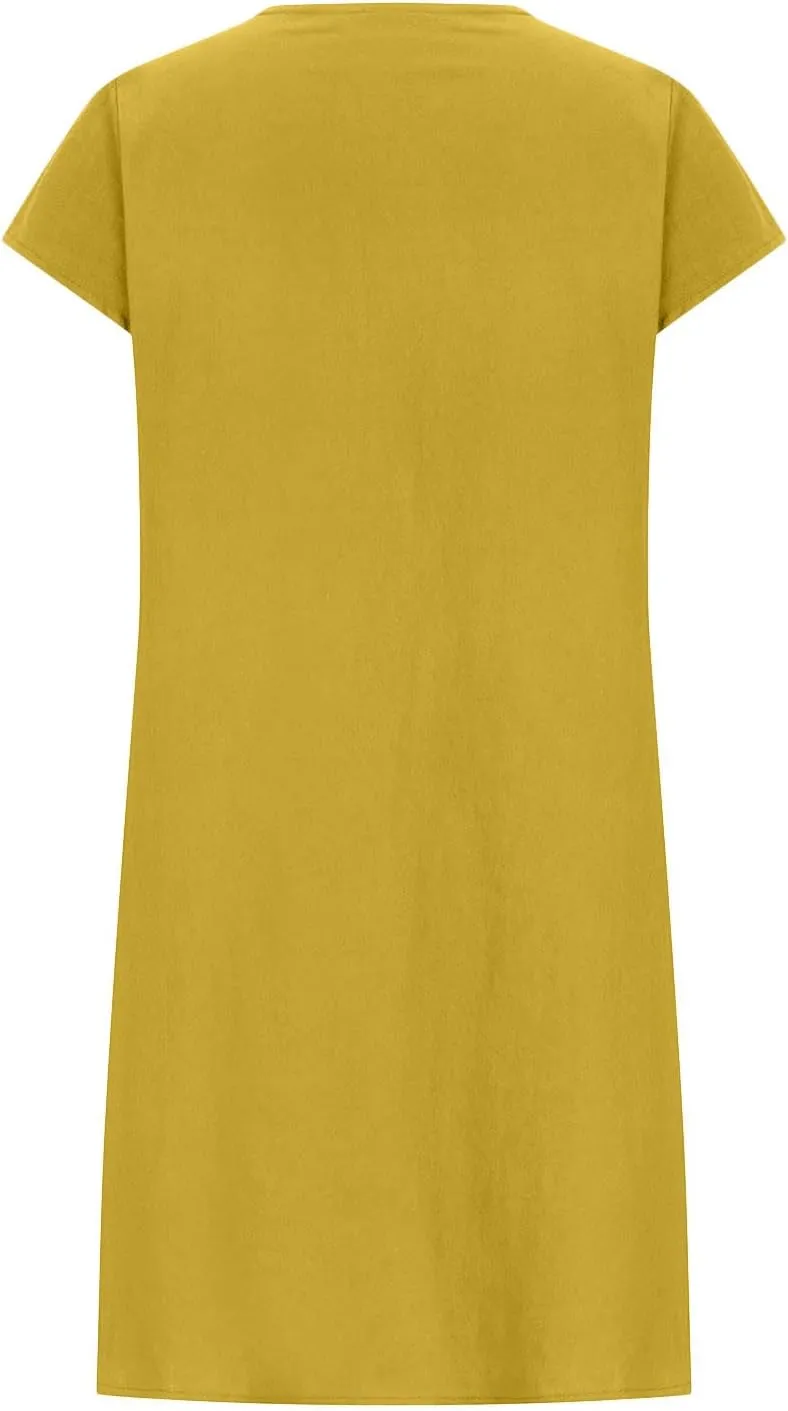 Women's Cotton Linen Dress Pleated Summer Dresses Round Neck Short Sleeve Sundress Beach Vacation Casual Mini Dress